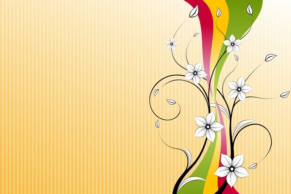 Flower & Ribbon: White flowers and colorful ribbon on yellow background