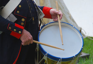 Drummer hands with sticks: Military drum from napoleonic times