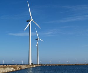 Windmills on coastline: No description
