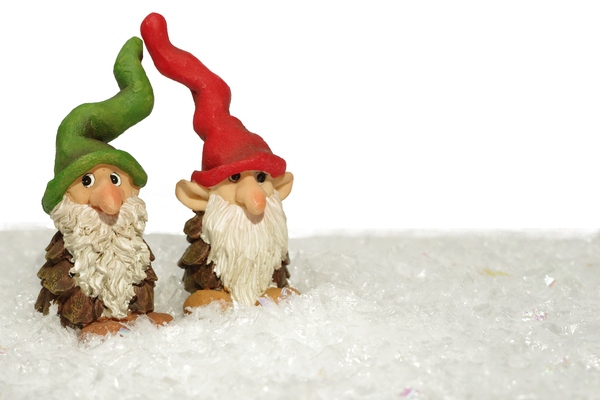 Gnomes in snow: Two gnomes with tall hats in snow.