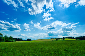 Village on green Hills - blue : Summer Landscape, green Hills, Meadows, blue Sky with white Clouds