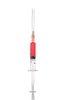 Injection Needle: An injection needle filled with a red substance over a white reflective surface