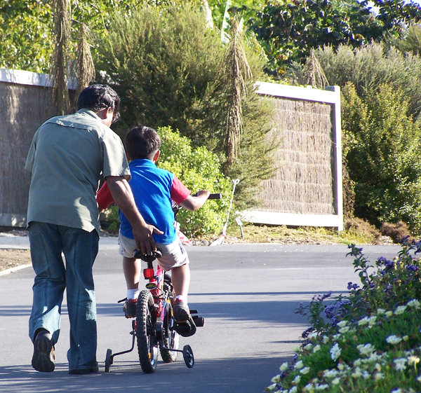 A helping hand 2: A parent gives their son a helping hand as they learn how to ride their bike.