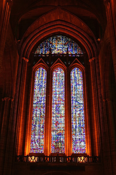 Cathedral window: Stained glass window in the Anglican cathedral, Liverpool, England. (Photography in this cathedral is freely permitted.)