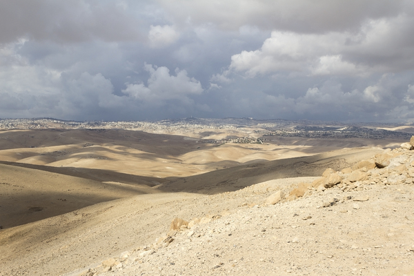 Israel desert: The Judean desert, Israel, with Jerusalem visible in the background.