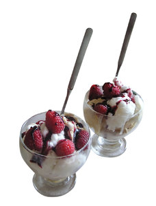 Ice-cream: Ice cream with raspberries, cream and chocolate.