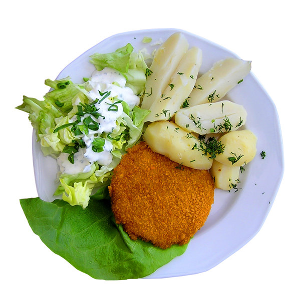 Cordon Bleu: A Cordon Bleu with potatos and salad.Please mail me or comment this photo if you found it useful. Thanks!I would be happy to receive the information about picture usage. I would be extremely happy to see the final work even if you think it is nothing spec