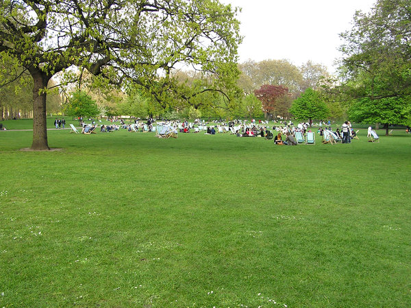 St James's Park: St James's Park in London. People resting on the lawn.