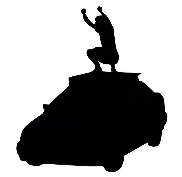A dancer on a car's roof: A dancer partying on the roof of a car.