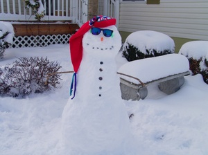 Frosty the Snowman: Lawn decoration of a snowman. Makes a fun card for winter or desktop photo.