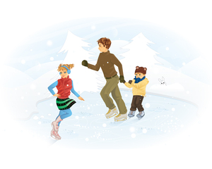 Winter Holiday: Children skating on ice lake.