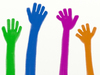 Helping Hands: Colourful hands raised in the air.