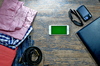 Green screen travel ready: Travel pack including green screen ready devices and jeans and shirts, sunglasses, photo cameras and digital camera and more items to use for web design, web template , internet website, webpage designers, and web advertising agencies .