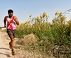 Running man: Young man Jogging in nature for fitness and healthy weight loss. Nature greenery is around and the young adult is running wearing sport clothes and shorts.  Healthy lifestyle and body care are important for men and women