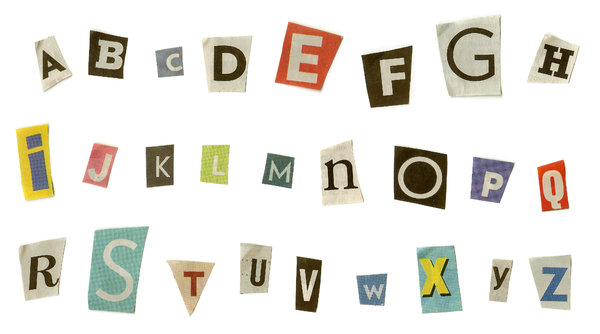 Anonymous: Set of alphabet letters, cut from newspapers, isolated on white background.