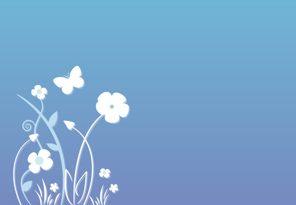 Simple flower background with : Abstract nature illustration with flowers and butterfly on pastel-colored blue background