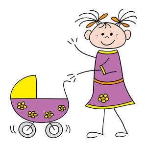 Girl with stroller: Drawing of a little girl with a stroller