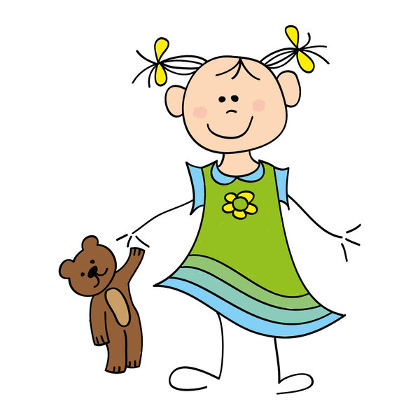 Girl with teddy bear: Drawing of a cute little girl with a teddy bear