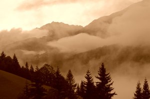 Misty mountain valley 3: Sepia version of mountain mist scene.