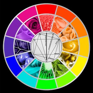 Stylized Color Wheel: Stylized color wheel isolated on a pure black background. Once part of a school assignment, it served a very useful purpose, and I hope you find good use for it too. Basically designed from scratch, where I alternated between food and flora from one color
