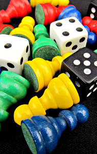 in the game: various coloured games pieces or components