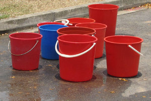 bucket brigade: plastic buckets used by Boys' Brigade members in community car wash