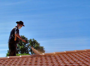 roof restoration13: workman cleaning and painting roof tiles for restoration