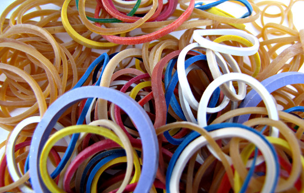 rubber bands: a selection of coloured rubber bands