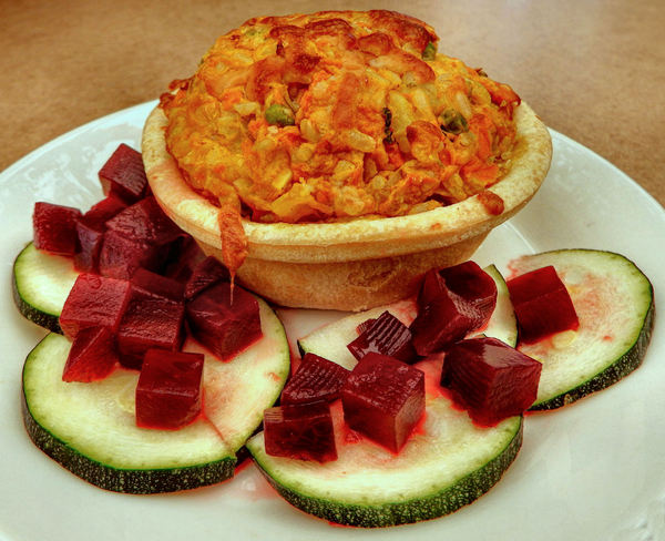 vegetable pie1: pastry and vegetables meal including cubed beetroot and sliced zucchini