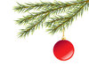 Bauble and Branch: Christmas tree decoration.  Glossy red bauble hanging from fir branch over white background.  Illustration.