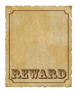 Reward Poster 2: Grungy reward poster with border and lots of copyspace.  Digital render.