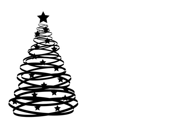 Abstract Xmas Tree 2: An abstract Christmas tree silhouette with stars.  Black over white with copy space.