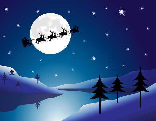Santa Moon: Santa flying over an Arctic landscape with moonlit lake.
