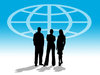 Business World 1: Three business people silhouettes against a world atlas symbol
