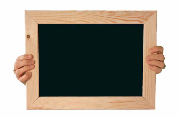 Chalk Board: Hands holding a plain black chalk board