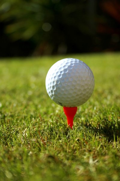 Golf Ball: White golf ball on a red tee against a green grass background