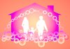 Happy Family Happy Home: Silhouettes of a happy family with symbolic graphic decorations and a house shape in the background. None of my images are to be redistributed. Silhouettes from Manfreid Klein - free to use commercially.