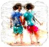 Twin Girls: Twin girls pictured with a distressed paint and sketch effect. Useful for many illustrations, including childhood, multiple births, domestic violence, family, family distress, etc. No need for model release as not recognisable.