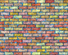 Coloured Brick Wall 1: A brick wall in a riot of colours, with grungy mortar. High resolution image.