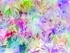 Leafy Textures 16 : Leaf shapes in rainbow coloured background. Pretty rainbow hues. Abstract image. Combination of photograph and graphics.