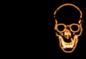 Skull 8: Spooky halloween image made from a public domain image of a skull. Yellow neon light against a black background and plenty of copyspace. Could be used as an invitation.