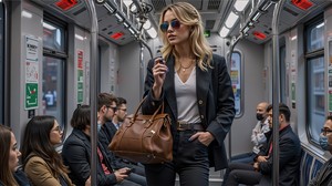 Fashionable Woman on Train: A graphic of a fashionably-dressed blonde woman wearing sunglasses and carrying a large handbag is standing on a commuter train. Image copyrighted to me. For use outside site's permissions, please contact me directly. Image is a graphic so no model releas
