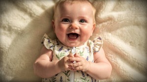 Smiling Happy Baby 3: Graphic of a smiling happy baby with fair skin, dark eyes, and light blonde hair lying on a fluffy, light cream blanket. Image copyrighted to me. Use strictly within the site guidelines or contact me directly to discuss.