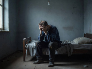 Distressed Male: A graphic of a man in poverty sitting on the edge of his bed with his head in his hands. The surroundings are depressing and unclean.