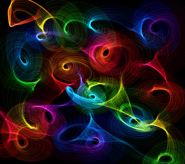 Vibrant Swirls: Playing with light and colour. This makes a great background, texture, fill or desktop. Rainbow colours on black.