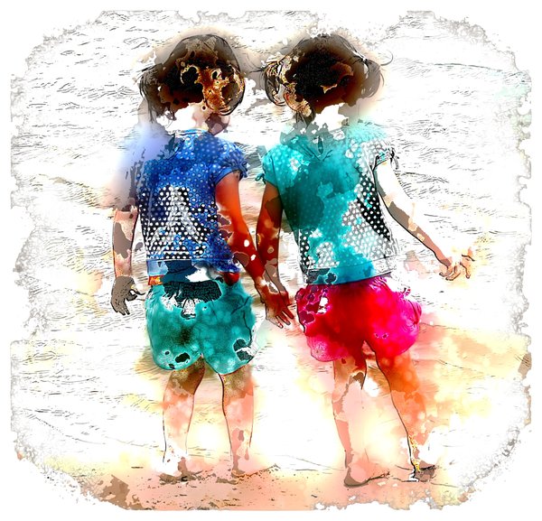 Twin Girls: Twin girls pictured with a distressed paint and sketch effect. Useful for many illustrations, including childhood, multiple births, domestic violence, family, family distress, etc. No need for model release as not recognisable.