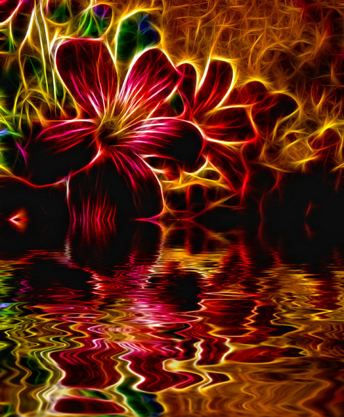 Flower Over Water: A spectacular fiery fractal effect on a flower, reflected in water. (A lot of aliteration, sorry! LOL)