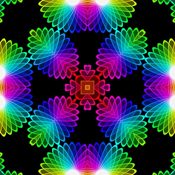 Kaleidoscopic Tile 1: A beautiful, glowing rainbow kaleidoscope of colour gradients and floral shapes, tileable for use as a fill, texture, background or element. All against a black background, which makes the colours zing.